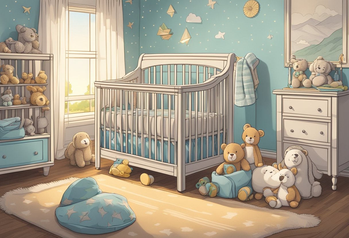 A crib with the name "Julian" written on the side, surrounded by soft blankets and stuffed animals