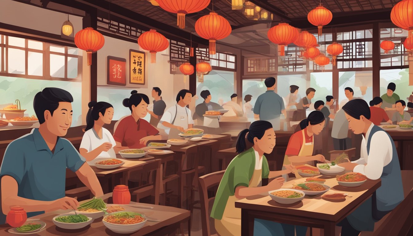 A bustling Chin Chin restaurant with red lanterns, wooden tables, and steaming bowls of noodles. Customers chat and slurp, while a chef expertly flips a wok