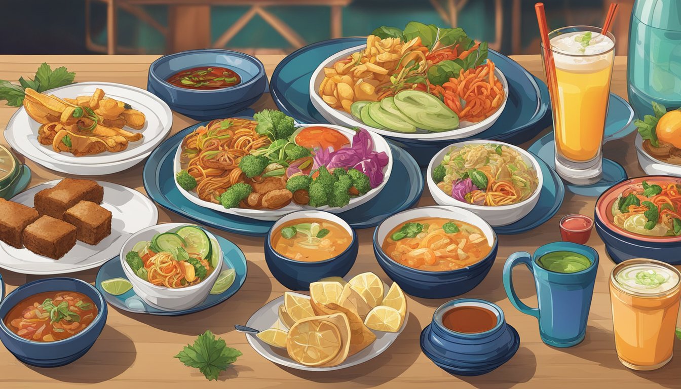 A colorful array of dishes and drinks on a table at Chin Chin restaurant, with vibrant and appetizing food items as the main focus