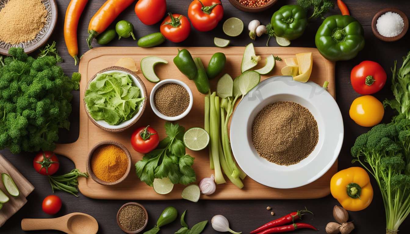 Fresh vegetables, colorful spices, and vibrant herbs arranged on a wooden cutting board next to a traditional Mexican cookbook
