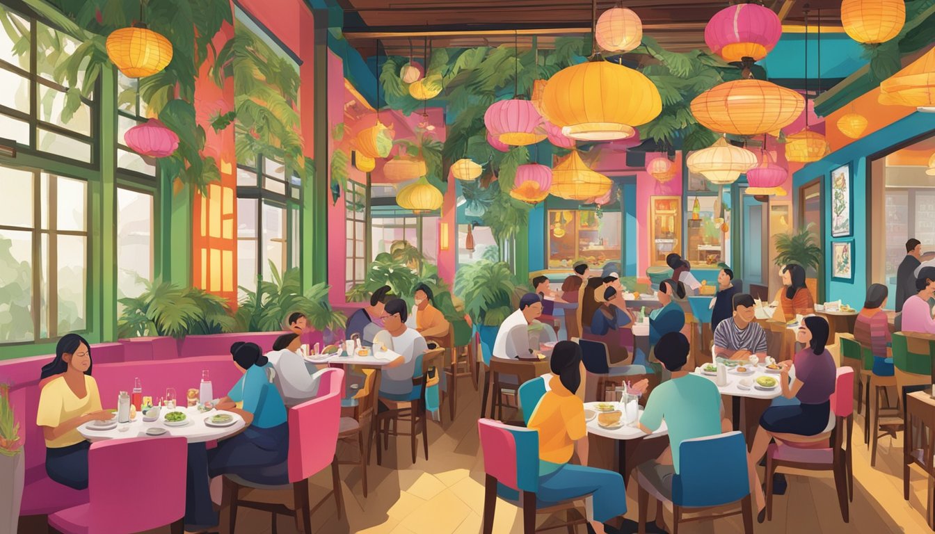 Customers enjoying a variety of dishes at Chin Chin restaurant with vibrant decor and lively atmosphere