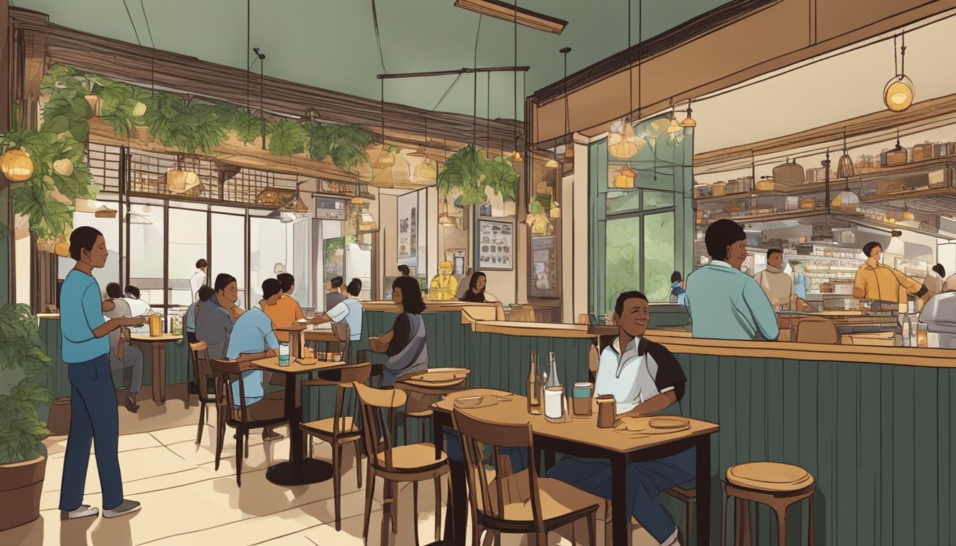 The bustling interior of Chin Chin restaurant, with customers chatting and enjoying their meals, while staff members move swiftly to attend to their needs