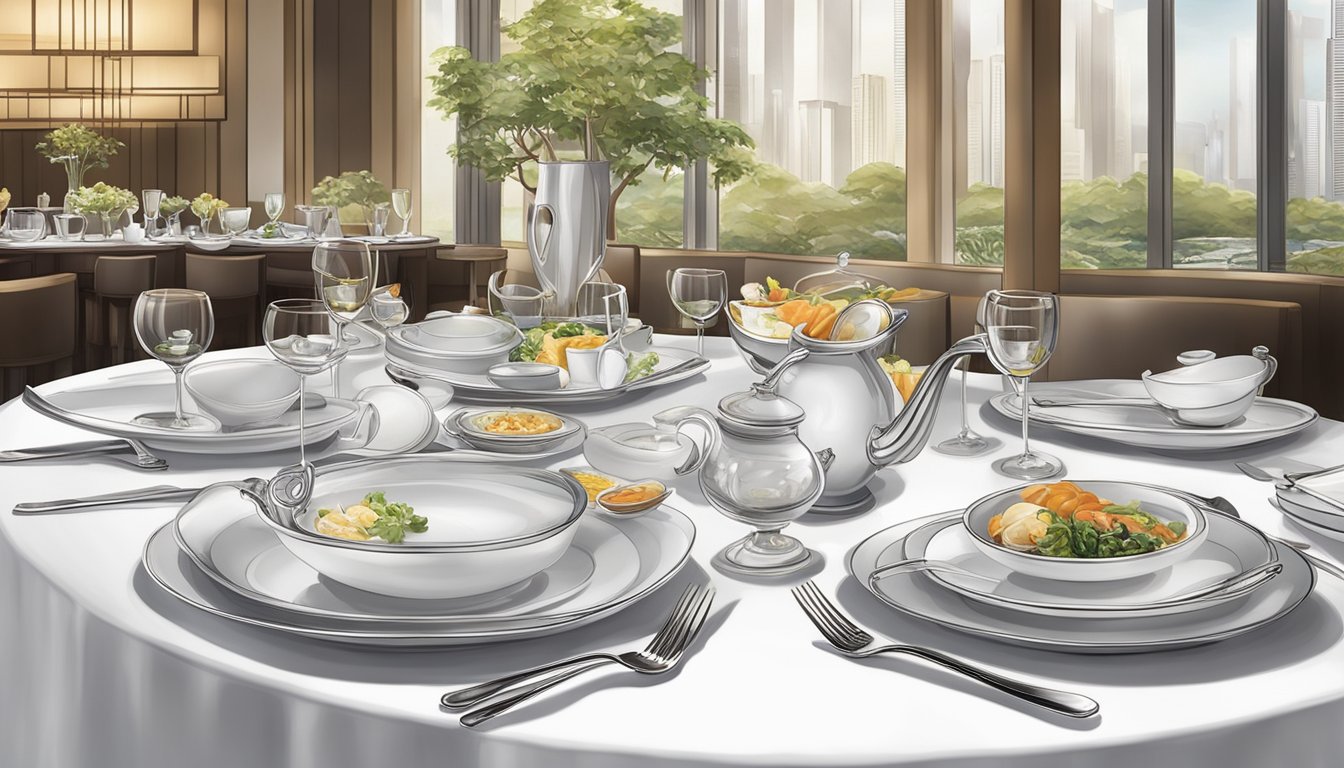 A table set with elegant dishes and fine cutlery at Conrad Centennial Singapore restaurant. Rich aromas waft through the air, creating an inviting atmosphere for diners