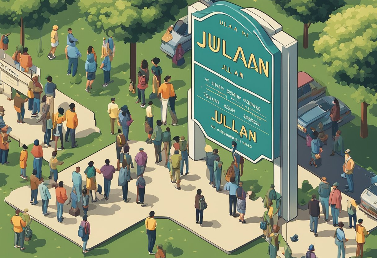 A diverse group of people gather around a signpost with the name "Julian" written in bold, representing its cultural significance and notable namesakes