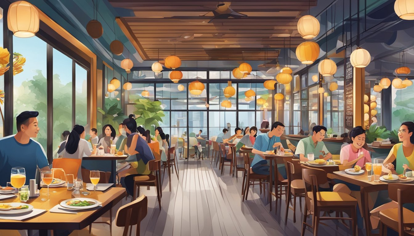 A bustling duck restaurant in Singapore with diners enjoying crispy duck dishes and colorful decor