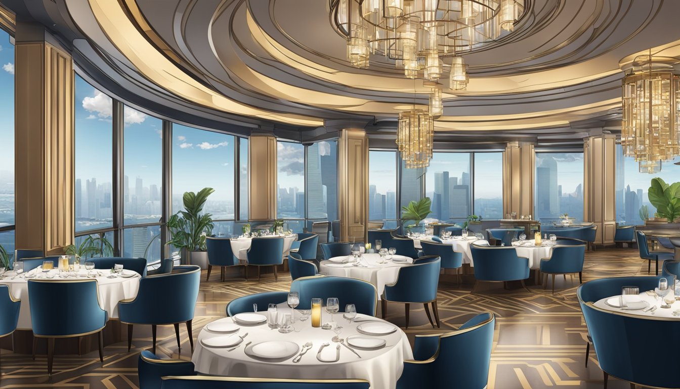Opulent restaurant in Singapore, with lavish decor and panoramic city views