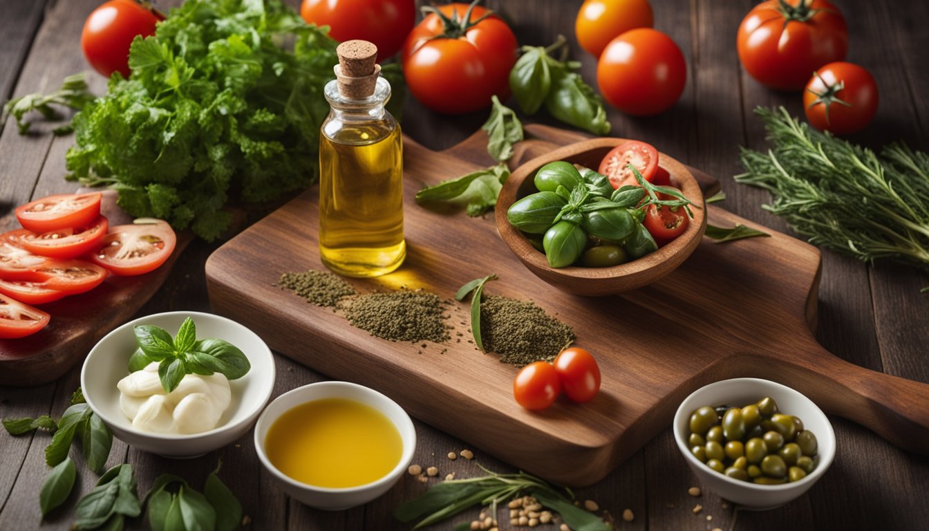 Fresh ingredients, colorful vegetables, and aromatic herbs arranged on a wooden cutting board, with a bowl of ripe tomatoes and a bottle of olive oil nearby