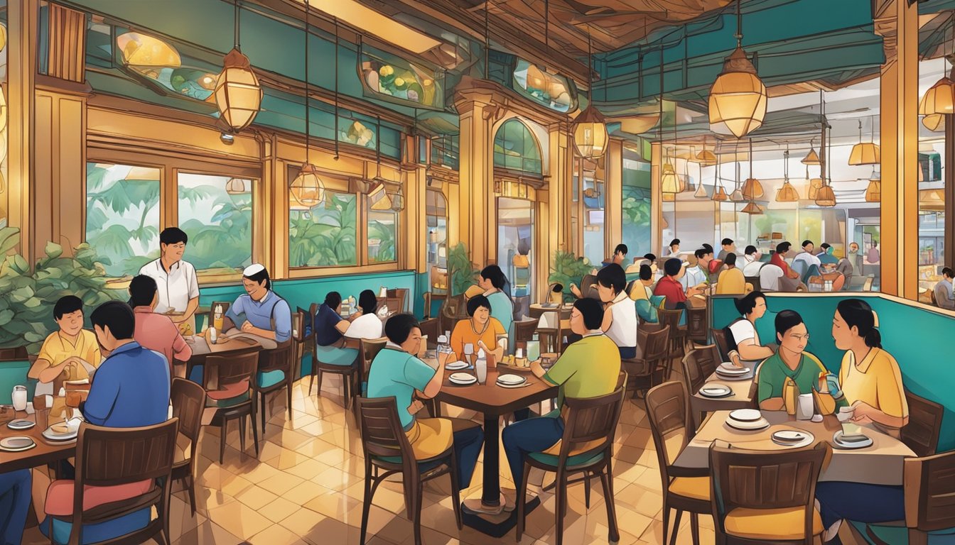 A bustling duck restaurant in Singapore, with diners enjoying their meals and staff busy serving customers. The restaurant is adorned with vibrant decor and a welcoming atmosphere