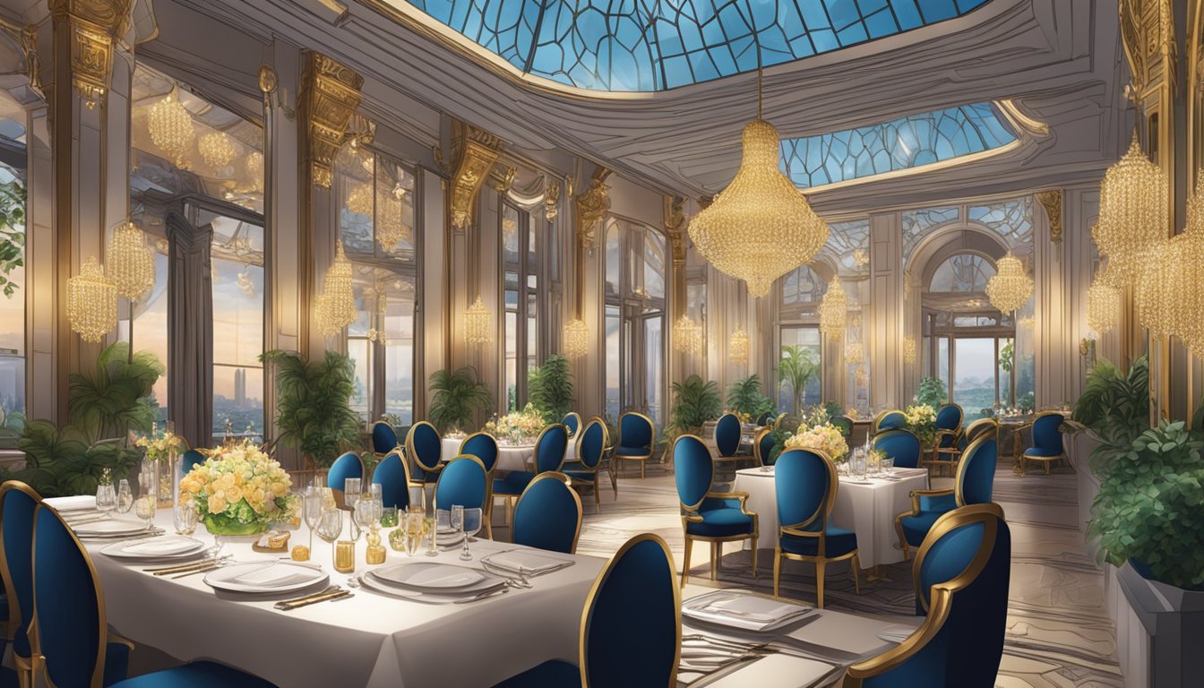 A luxurious restaurant in Singapore with opulent decor, sparkling chandeliers, and elegant table settings