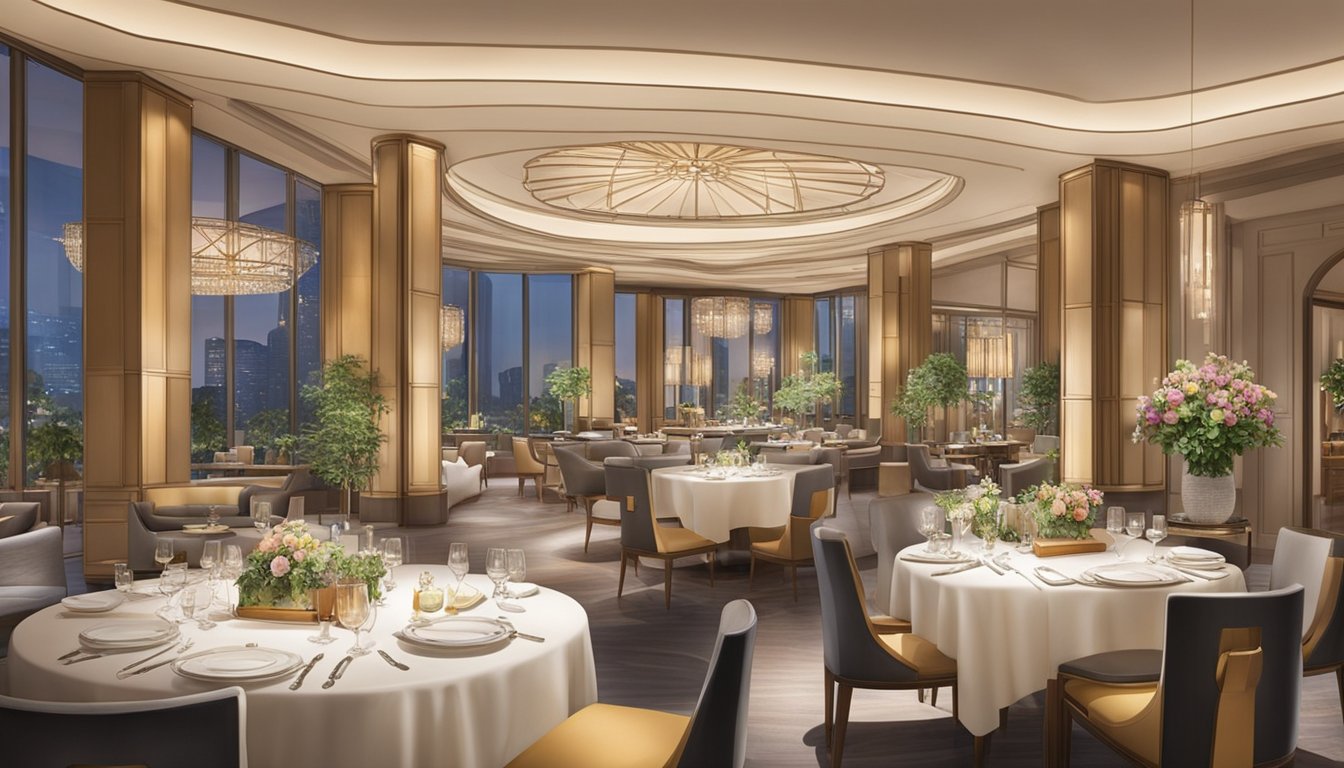 The restaurant at Conrad Centennial Singapore is adorned with elegant table settings, ambient lighting, and exquisite culinary displays, creating a luxurious dining atmosphere