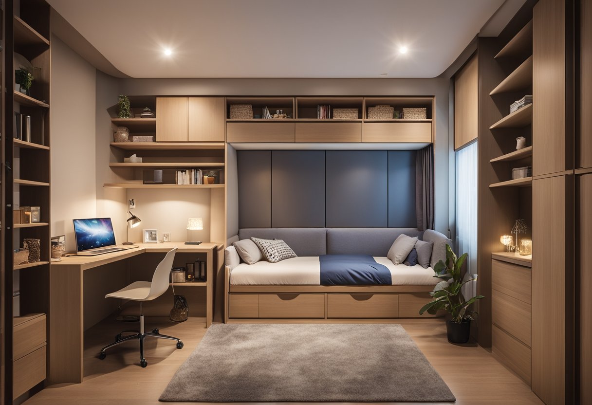 A cozy HDB bedroom with a single bed, compact study desk, built-in wardrobe, and soft lighting
