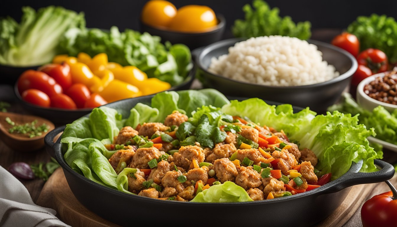 Ground chicken surrounded by colorful vegetables and herbs, sizzling in a skillet. A steaming bowl of chicken chili next to a pile of fresh lettuce wraps