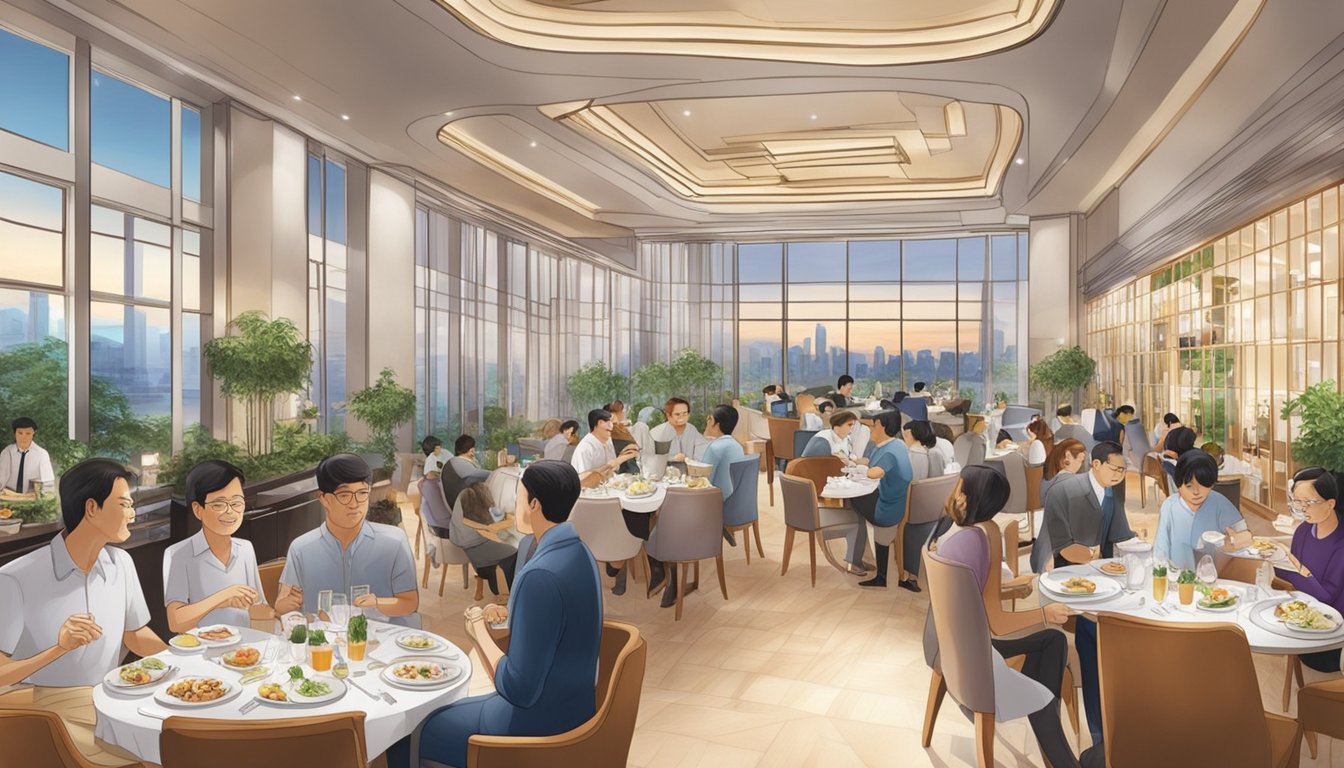A bustling restaurant at Conrad Centennial Singapore, with diners enjoying their meals and staff attending to their needs