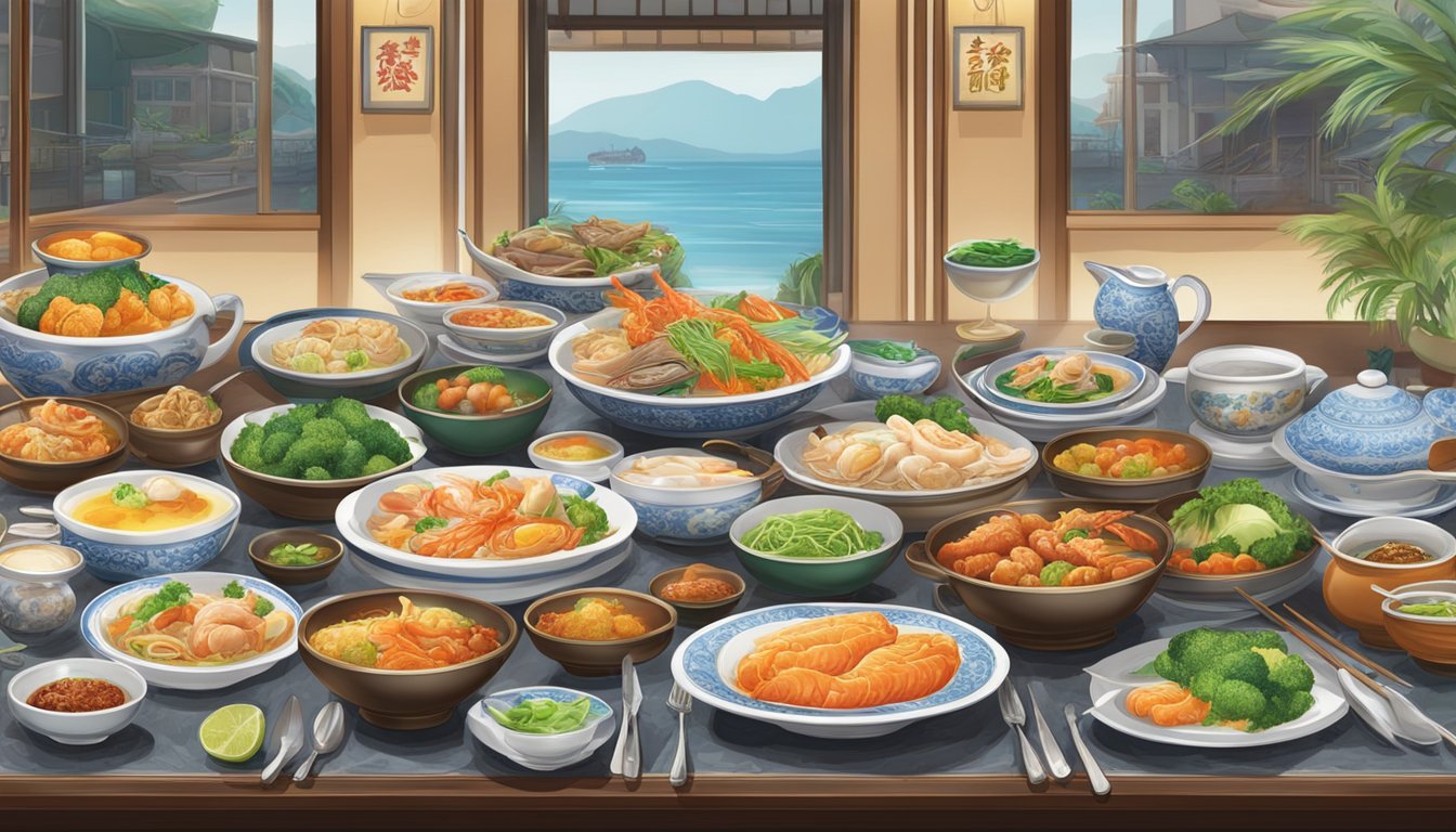 A table set with colorful dishes at Daniu Teochew Seafood Restaurant