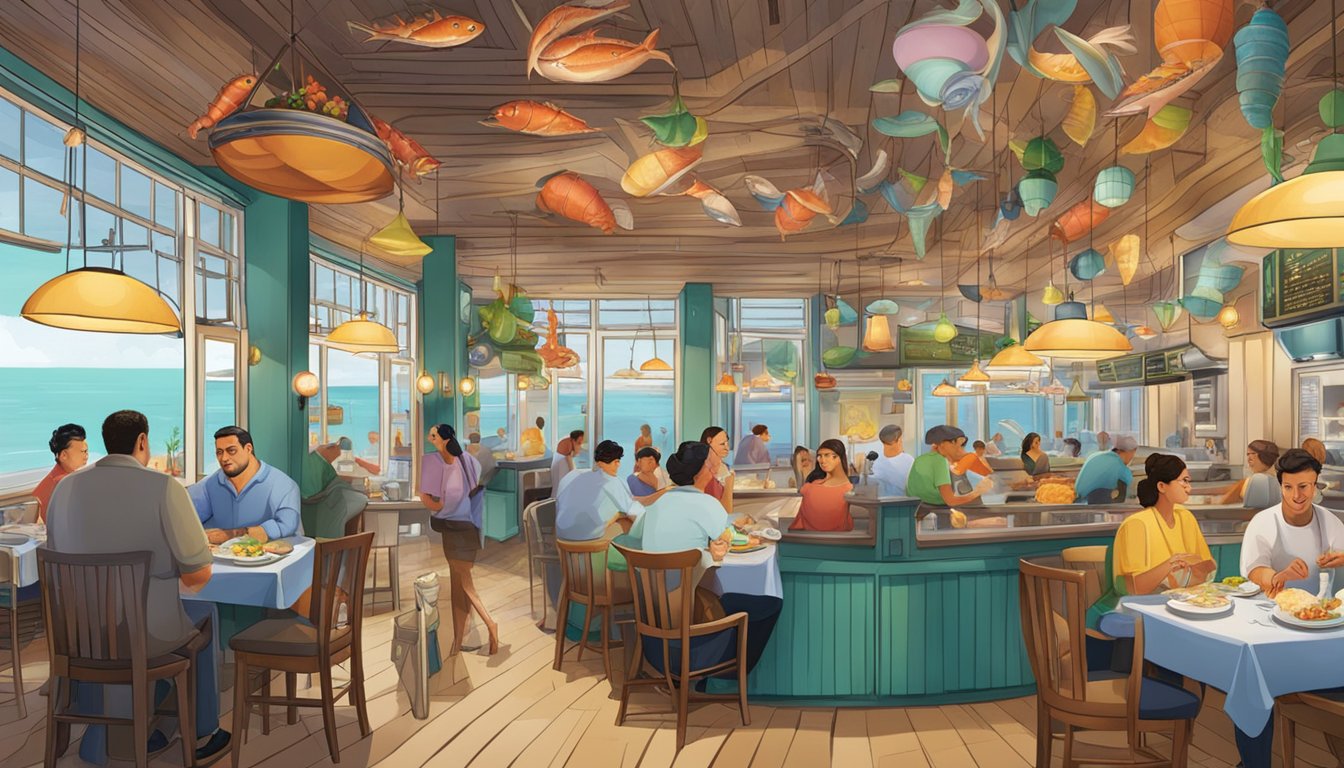 A bustling seafood restaurant with colorful decor, bustling kitchen, and diners enjoying their meals
