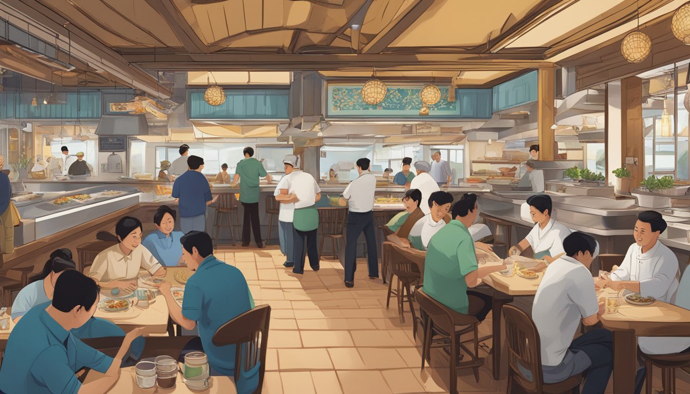 A bustling seafood restaurant with diners chatting, servers bustling, and chefs cooking in an open kitchen. The sign "Frequently Asked Questions daniu teochew seafood restaurant" hangs prominently outside
