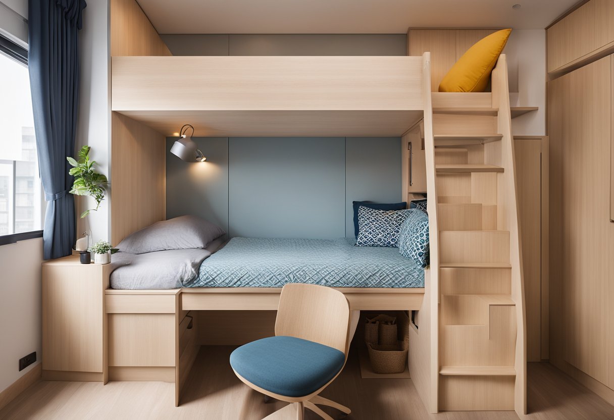 A small HDB bedroom with a loft bed, built-in storage, and a fold-down desk to maximize space. Bright colors and natural light create a cozy and functional design