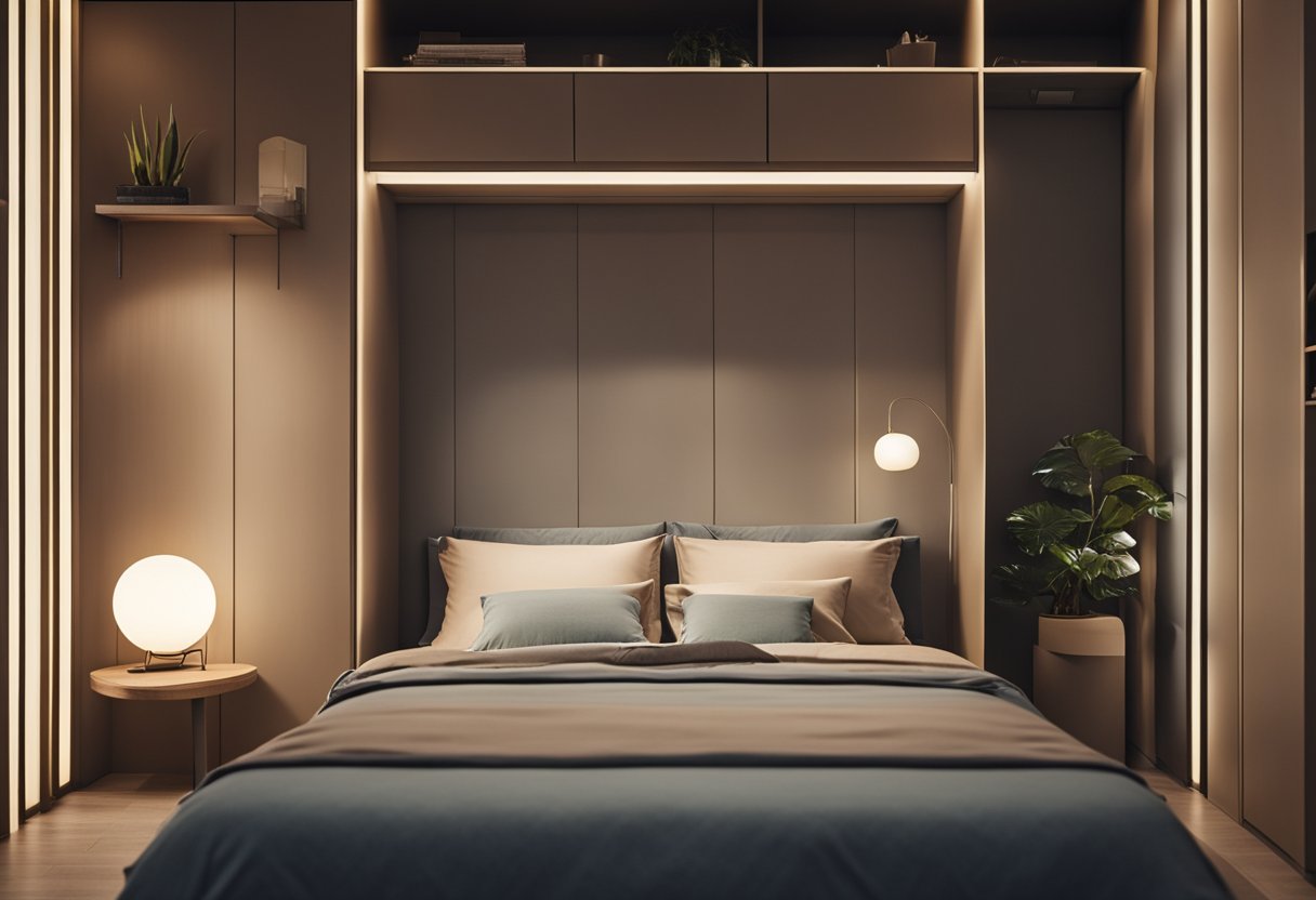 A cozy small HDB bedroom with minimalist design, featuring a simple bed, compact storage solutions, and soft lighting for a serene atmosphere