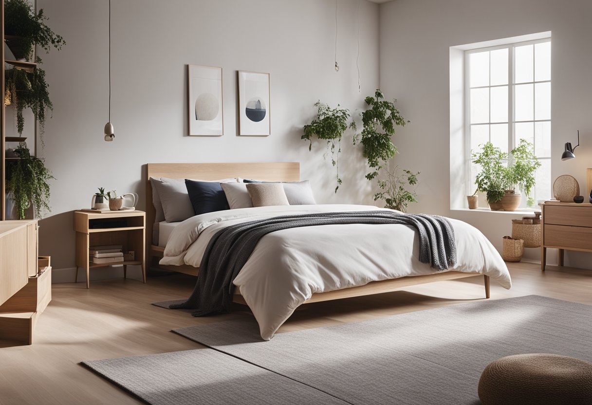 A cozy, minimalist bedroom with space-saving furniture and clever storage solutions. Light colors and natural light create a sense of spaciousness