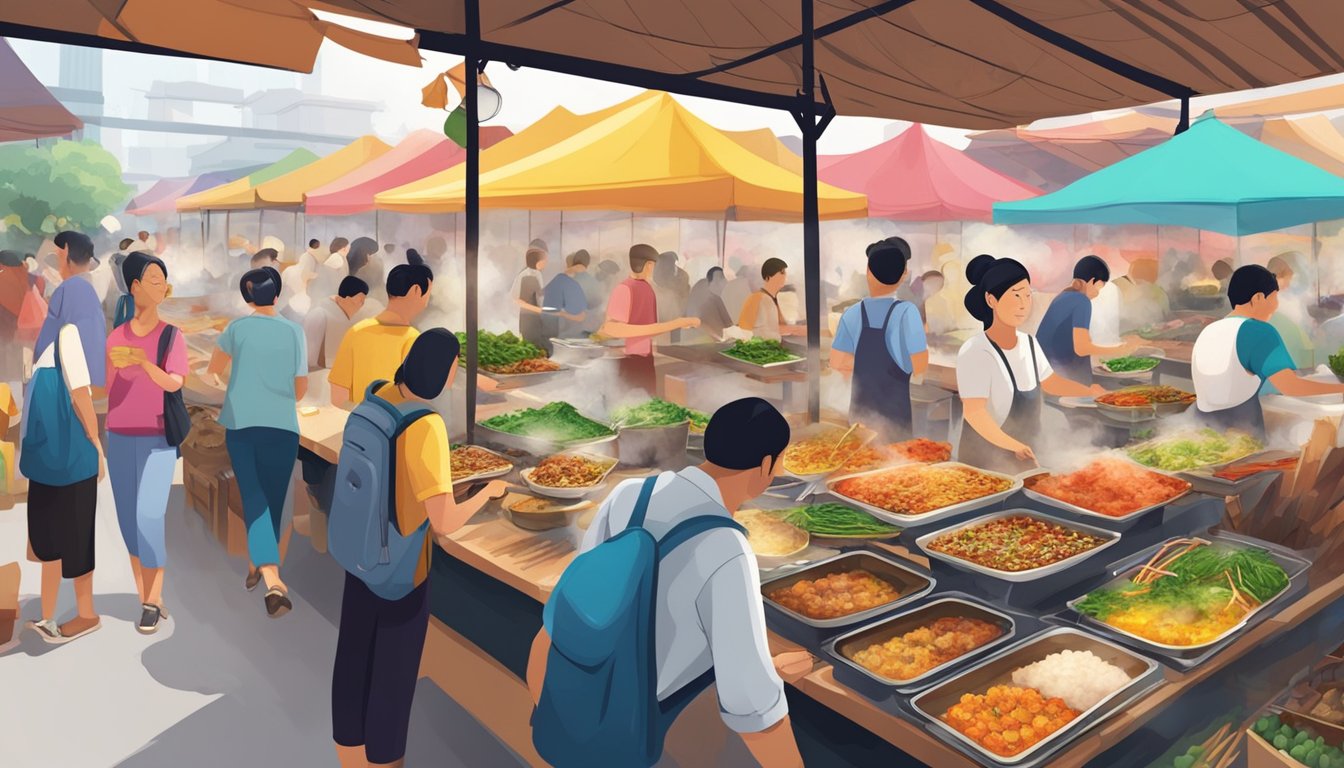 A bustling food market with colorful stalls and aromatic smoke rising from sizzling woks. Patrons eagerly sample dishes from various East Singapore restaurants