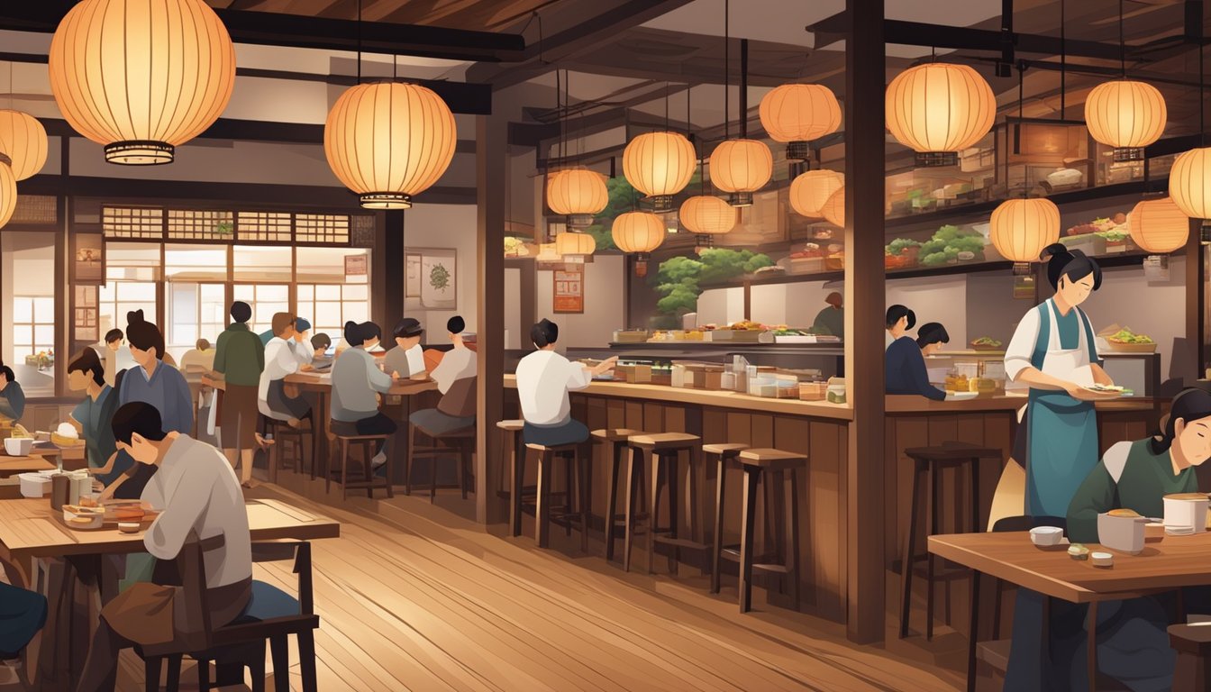 A bustling Japanese restaurant with wooden decor, paper lanterns, and a sushi bar. Customers enjoy traditional dishes while chefs prepare food behind the counter