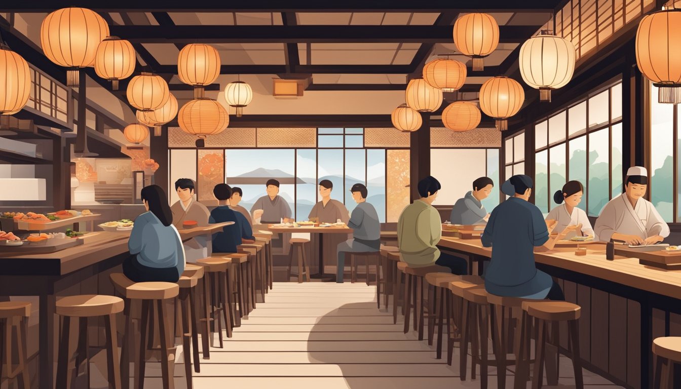 A cozy Japanese restaurant with wooden decor, paper lanterns, and a sushi bar. A chef prepares sashimi while diners enjoy traditional cuisine