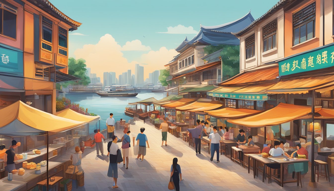 Boat Quay's bustling waterfront lined with vibrant Chinese restaurants and colorful street vendors serving up aromatic and sizzling culinary delights