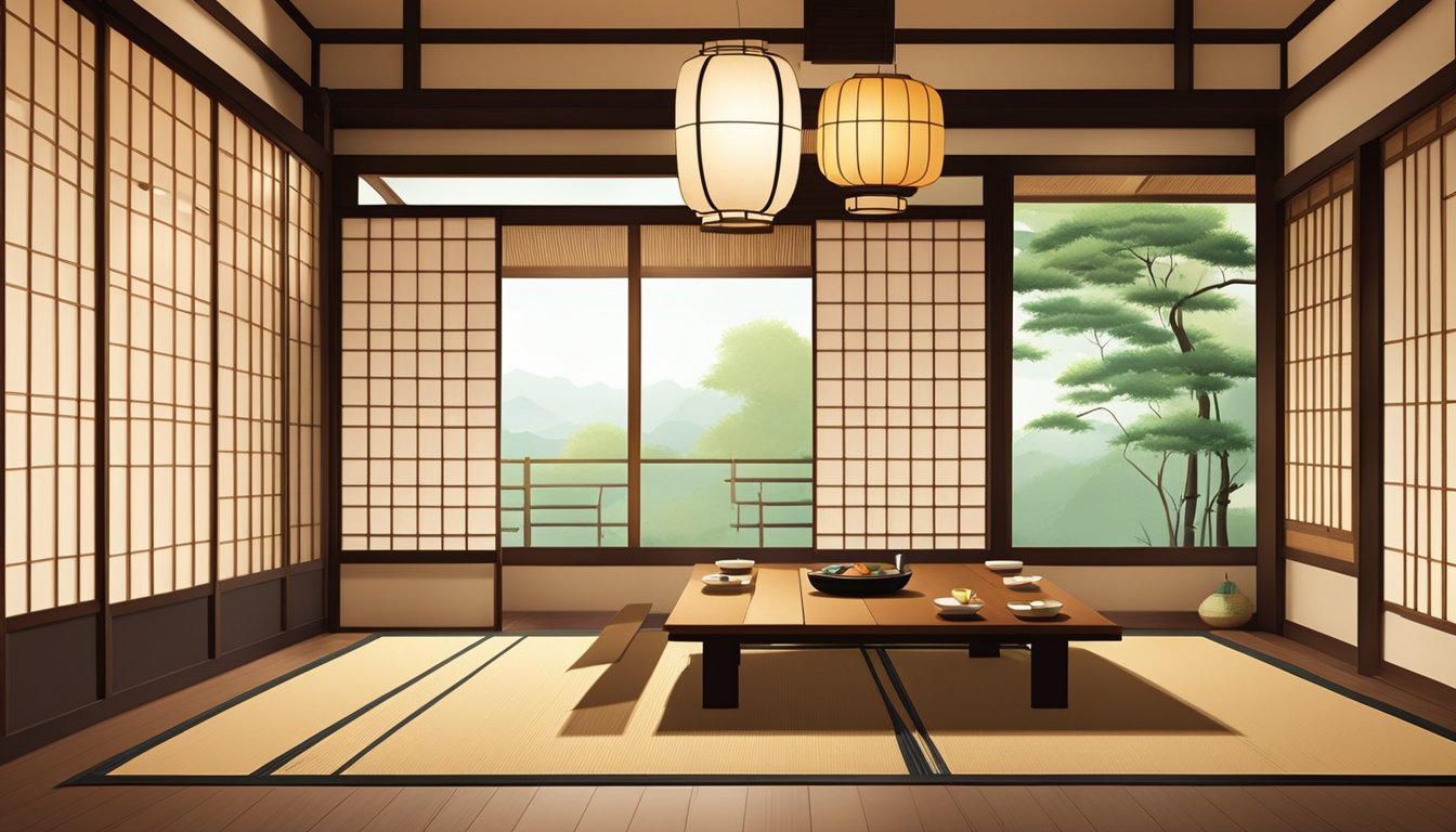A traditional Japanese dining room with low tables, tatami mats, and sliding doors. A warm, cozy atmosphere with paper lanterns and bamboo accents