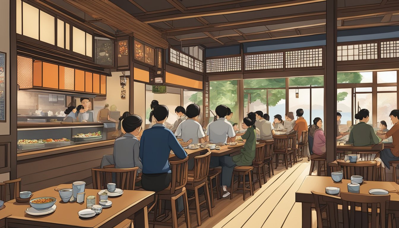 A bustling Japanese restaurant with traditional decor, low tables, and a sushi bar. Patrons enjoy a variety of dishes while servers bustle about