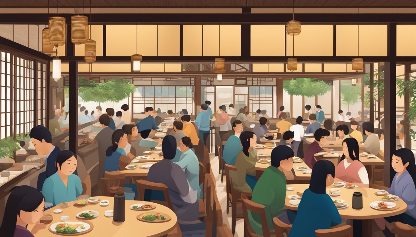 A bustling Japanese restaurant with a traditional decor, filled with diners enjoying their meals and servers bustling around