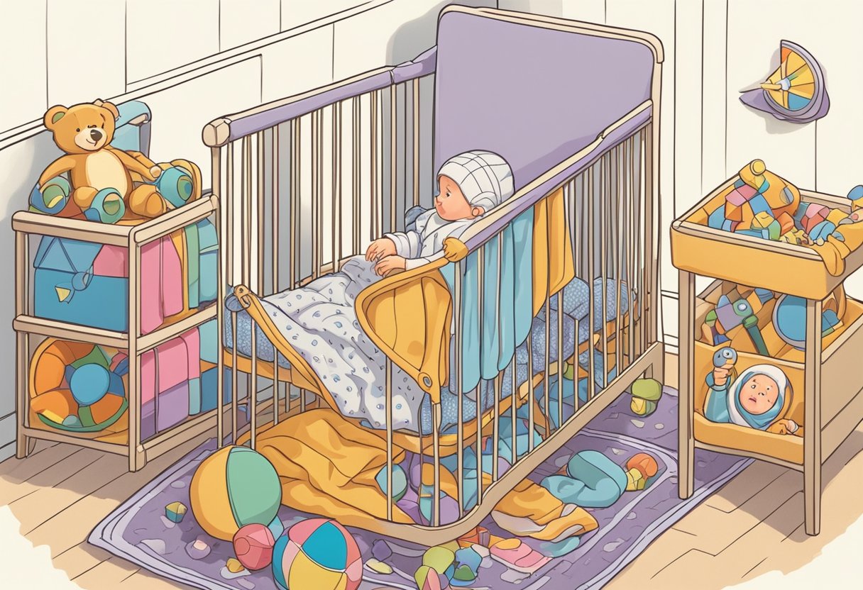 A baby named Judson lying in a crib surrounded by colorful toys and a soft blanket