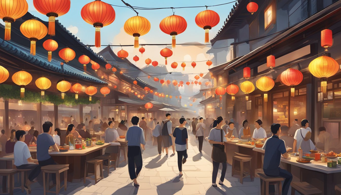 A bustling boat quay lined with traditional Chinese restaurants, with colorful lanterns hanging overhead and the sound of sizzling woks filling the air