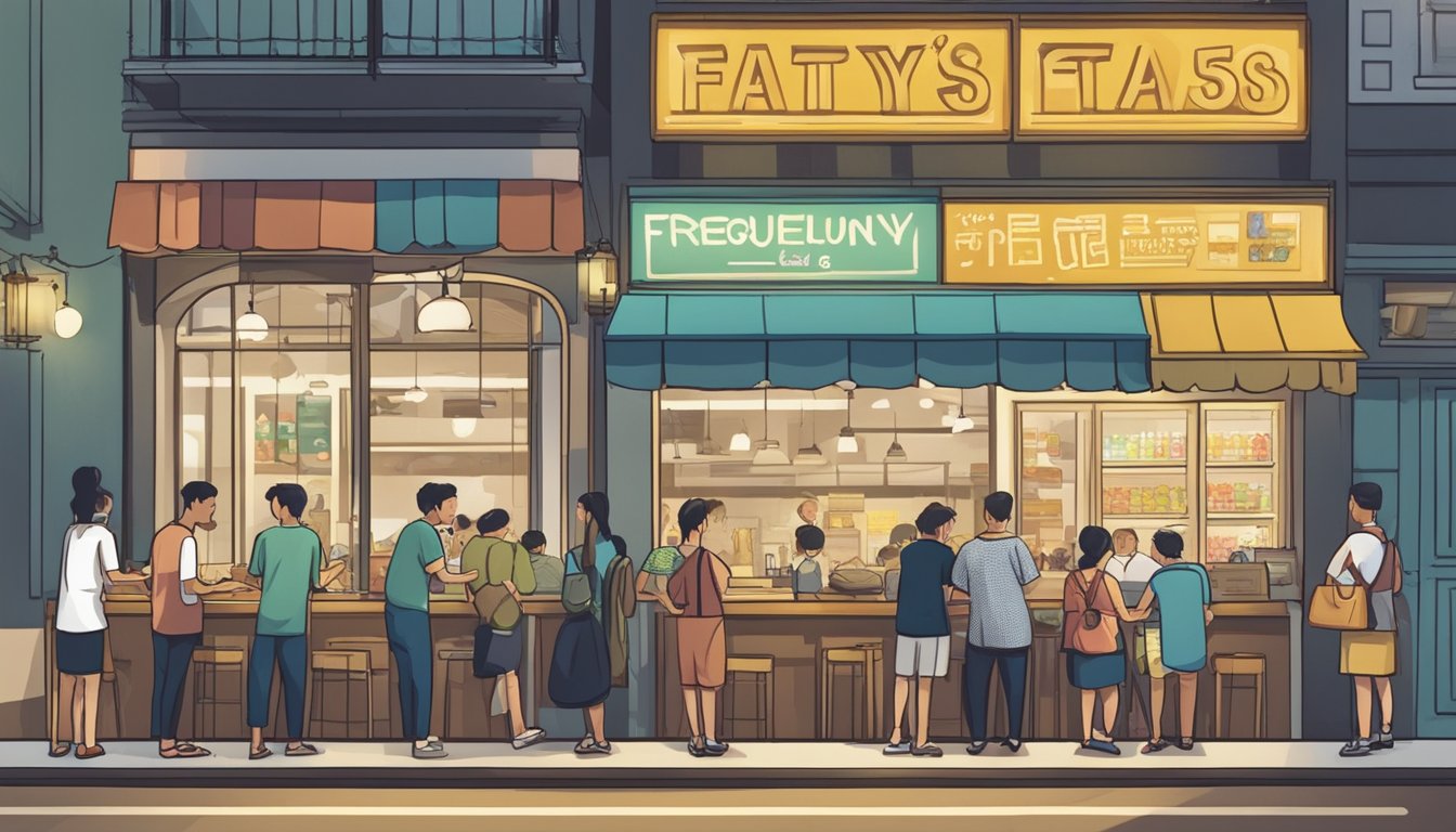 Customers line up at Fatty's Restaurant in Singapore, reading a sign that says "Frequently Asked Questions" in bold letters. The restaurant is bustling with activity