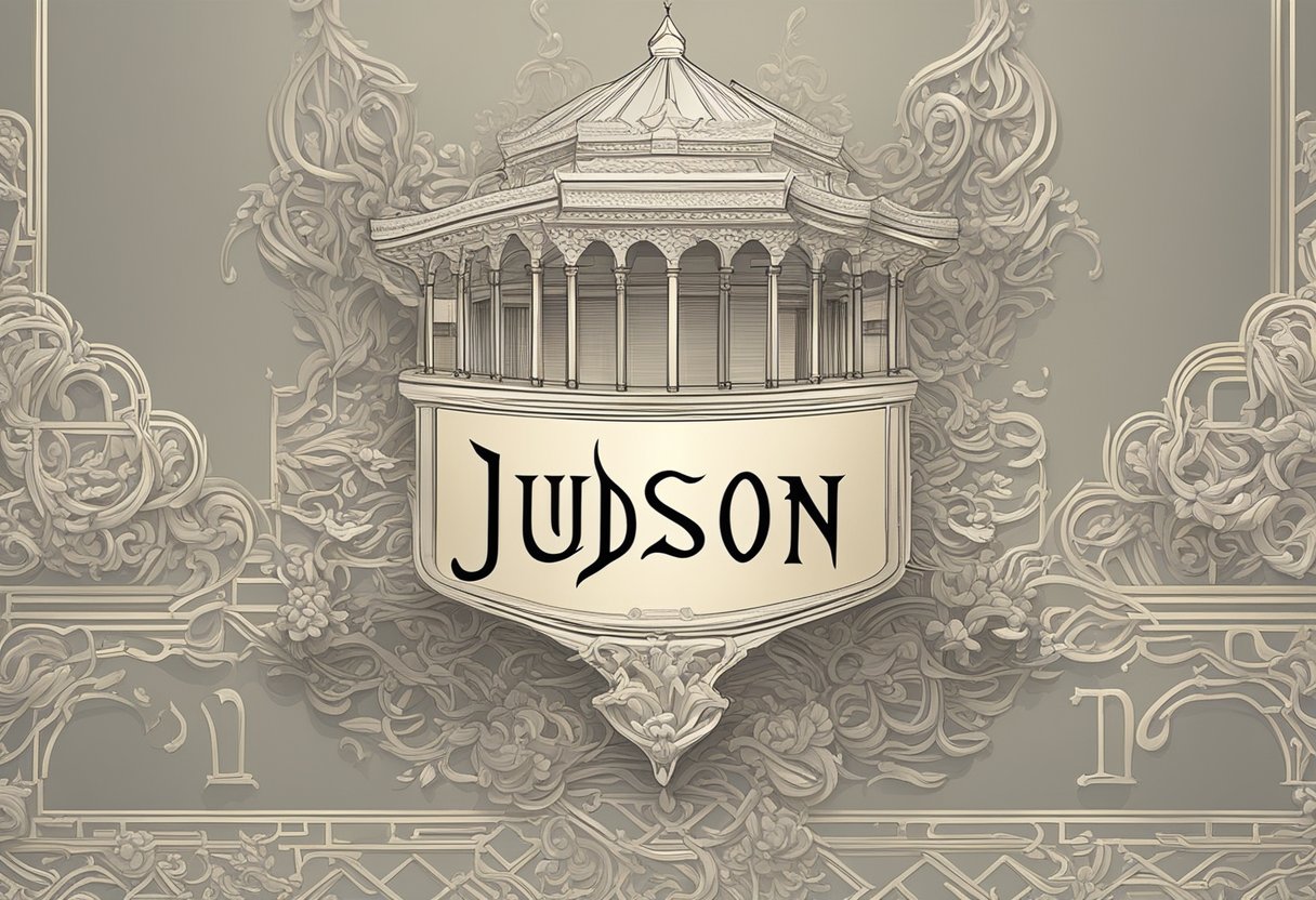 The name "Judson" written in bold, elegant calligraphy with linguistic symbols and characteristics surrounding it