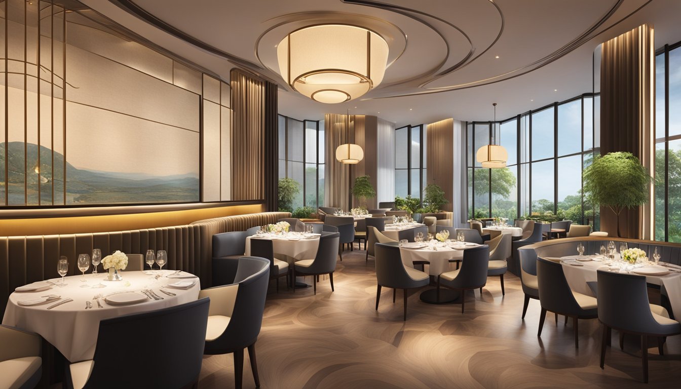 The elegant interior of Capella Singapore restaurant, with modern decor and soft lighting, creates a warm and inviting ambiance