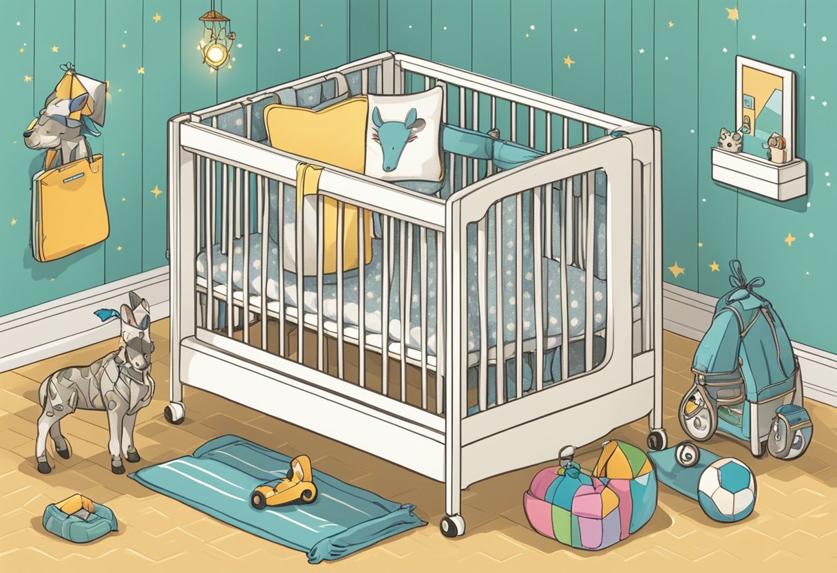 A crib with the name "Karan" on a soft blanket, surrounded by toys and a mobile
