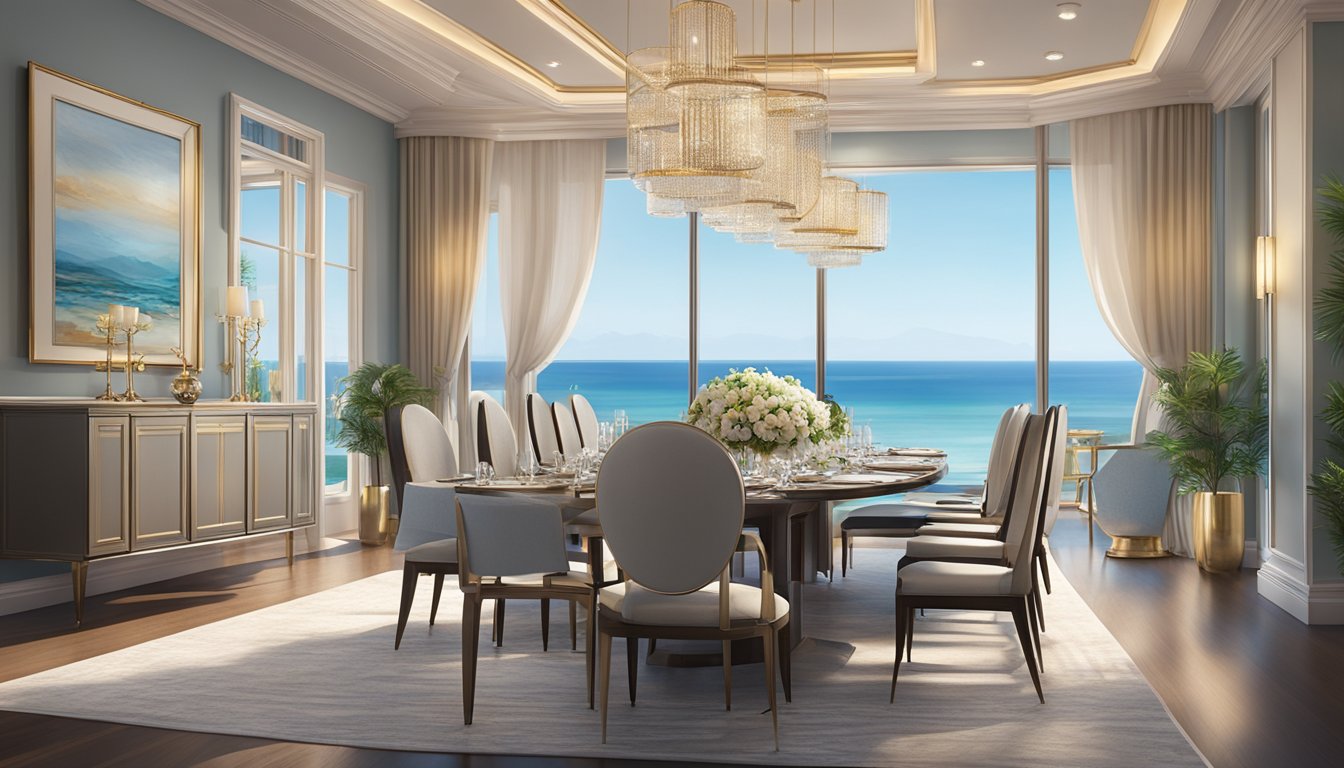 A luxurious dining room with elegant decor, soft lighting, and a view of the ocean through floor-to-ceiling windows