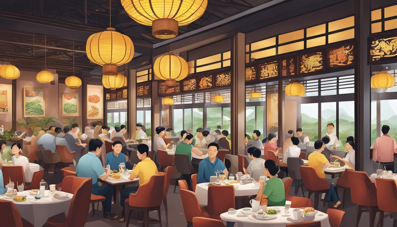 A bustling Chinese restaurant at Changi Airport, filled with diners enjoying traditional dishes and elegant decor