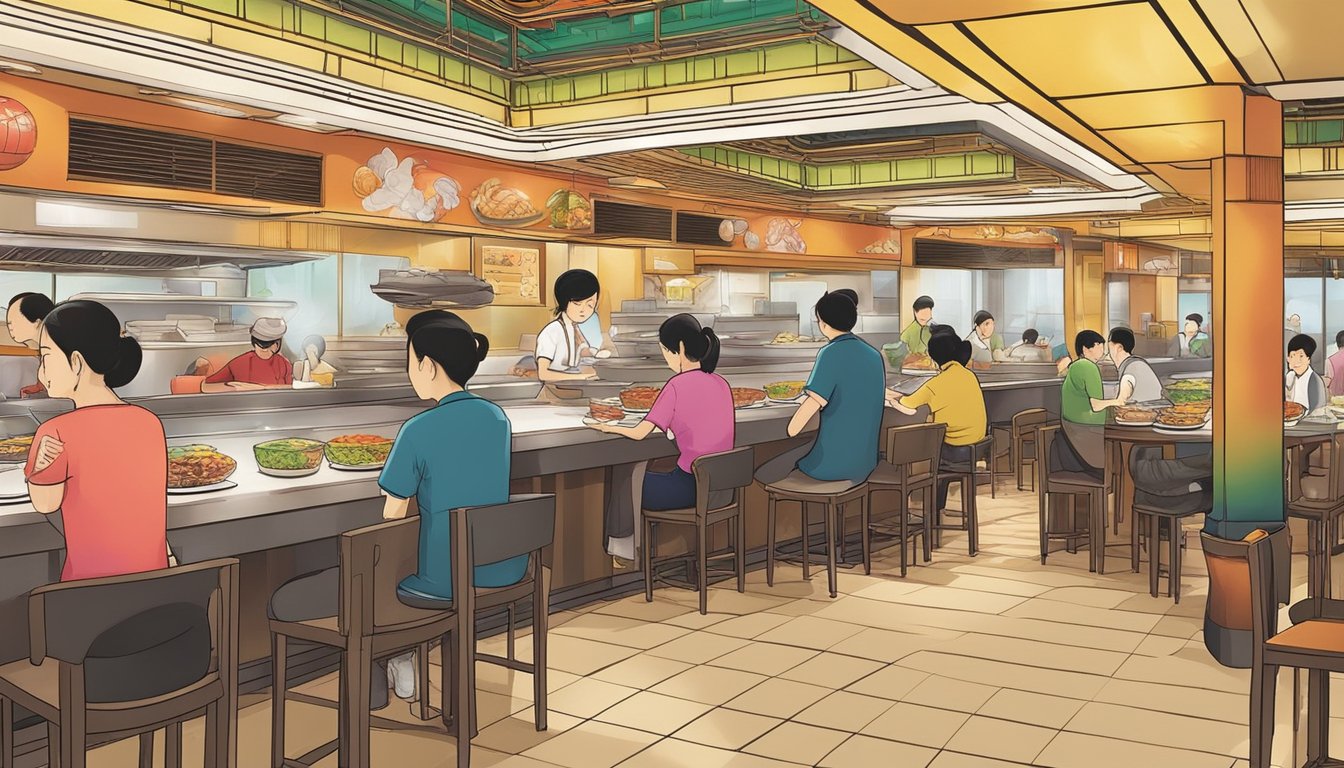A bustling Chinese restaurant at Changi Airport, filled with colorful decor and the aroma of sizzling stir-fry. Customers enjoy steaming bowls of noodles and fragrant dishes while chefs skillfully prepare traditional delicacies