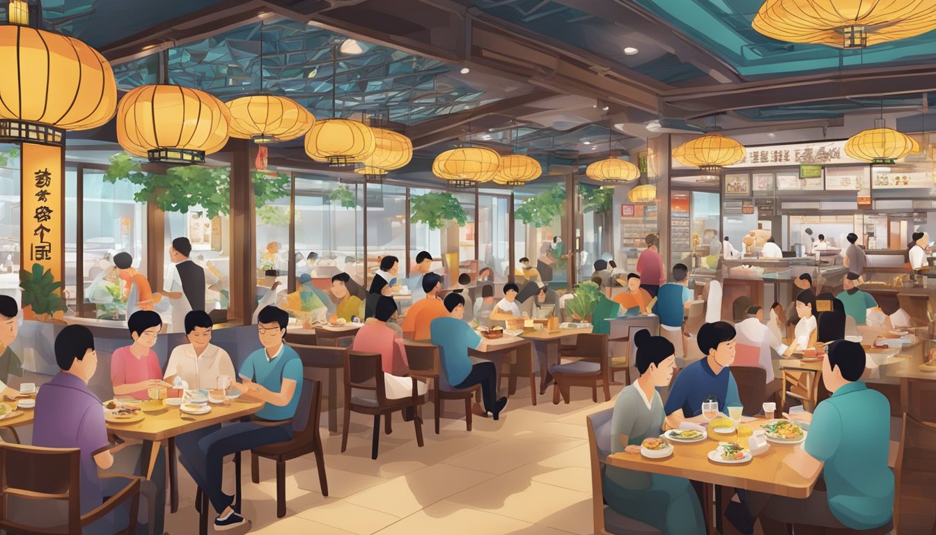 A bustling Chinese restaurant at Changi Airport, with colorful decor and busy staff serving customers authentic dishes