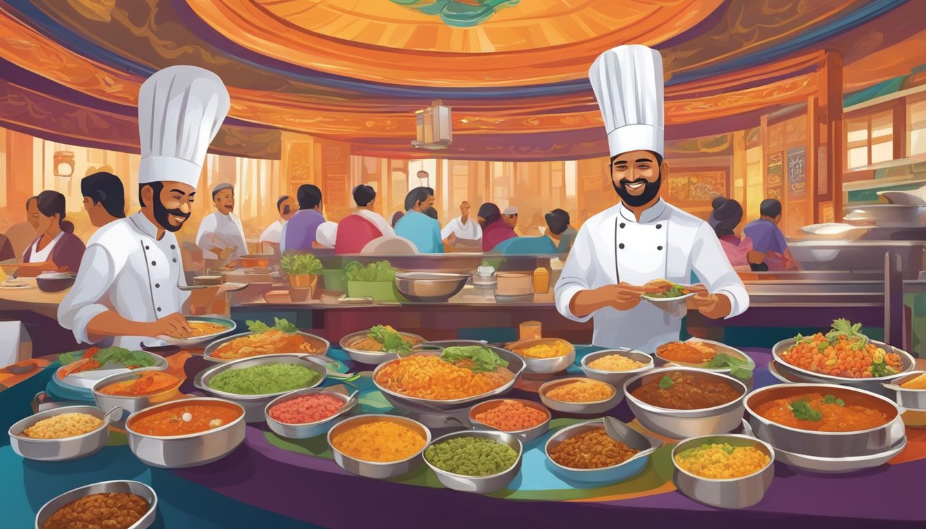 Customers dining on colorful dishes in a lively Indian restaurant in Changi. Aromas of spices fill the air as the chef prepares traditional cuisine