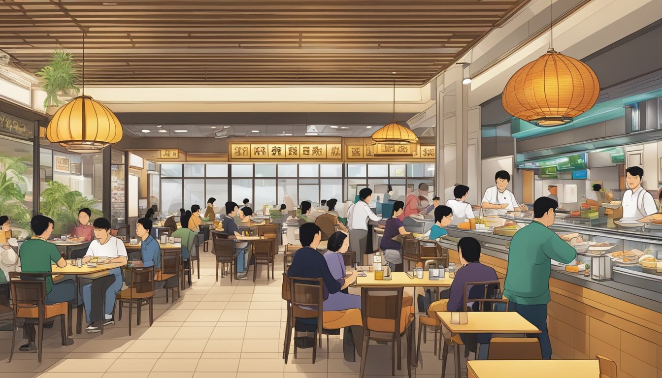 A bustling Chinese restaurant at Changi Airport, with customers enjoying their meals and staff bustling about to attend to their needs