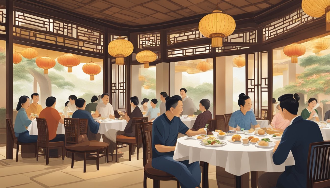 Customers savoring dim sum and Peking duck at Ion Orchard's Chinese restaurant, surrounded by elegant decor and traditional Chinese artwork
