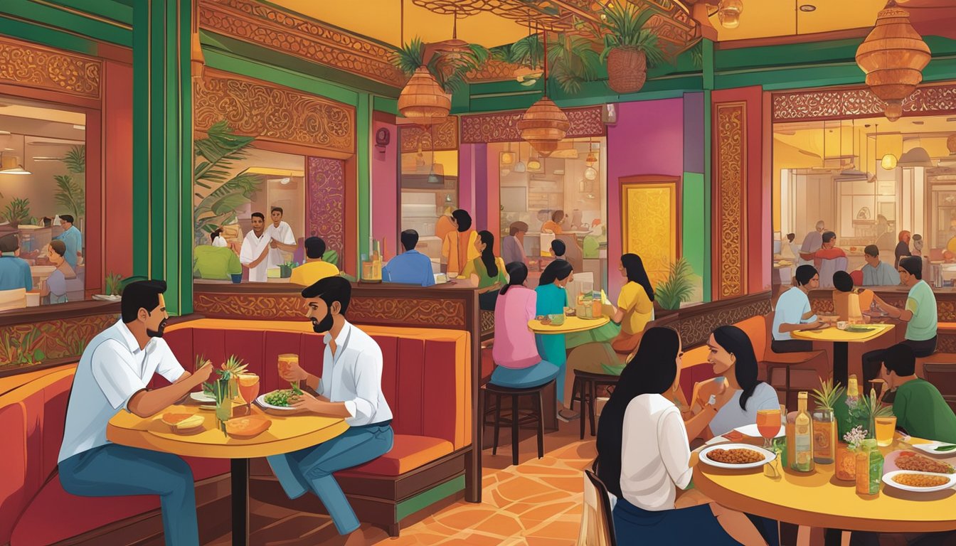 Customers dining at Indian restaurants in Orchard Road, Singapore, surrounded by vibrant decor and the aroma of exotic spices