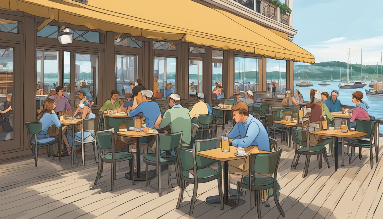 Tables and chairs fill a bustling waterfront restaurant. Patrons enjoy drinks and small bites while boats pass by outside