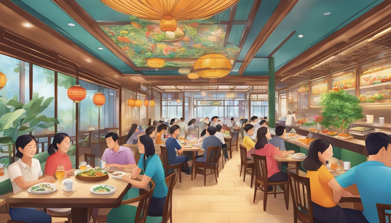 A bustling Chinese restaurant at Ion Orchard, with colorful decor, steaming dishes, and attentive staff