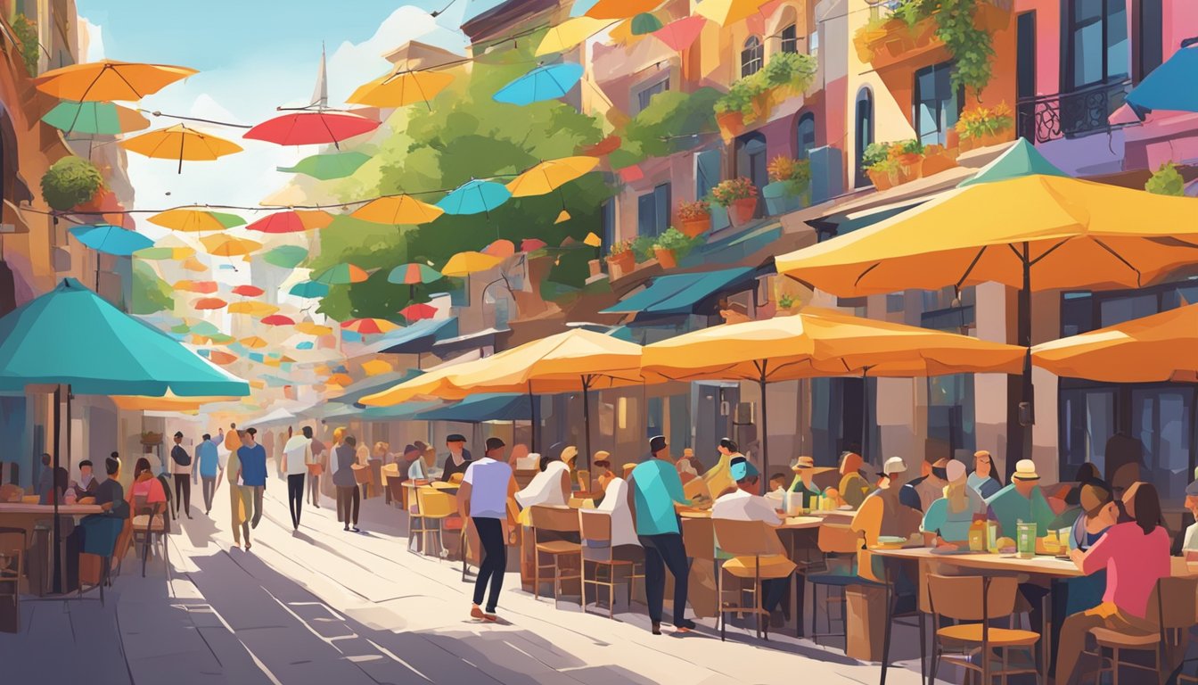 Colorful street with bustling outdoor eateries, lined with vibrant umbrellas and lively music