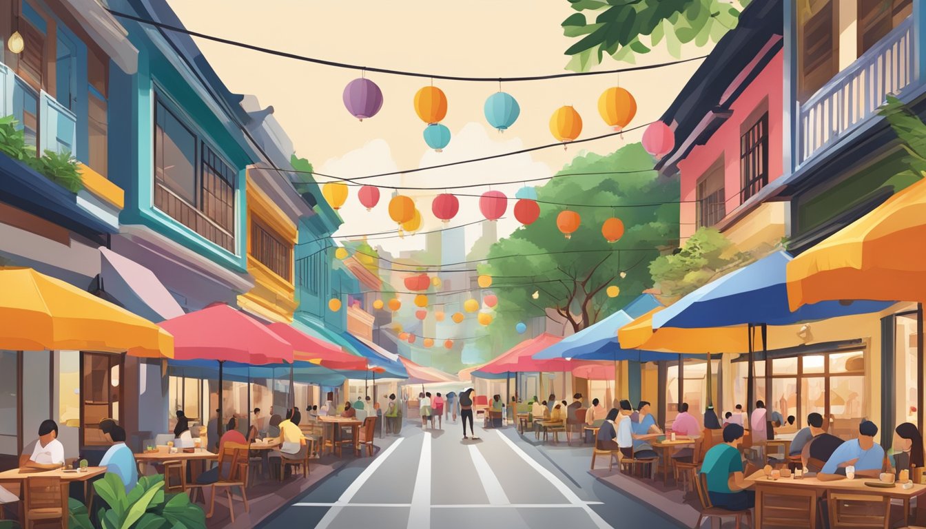 A bustling street lined with colorful restaurants and outdoor seating, inviting visitors to explore the diverse culinary offerings of Jalan Riang