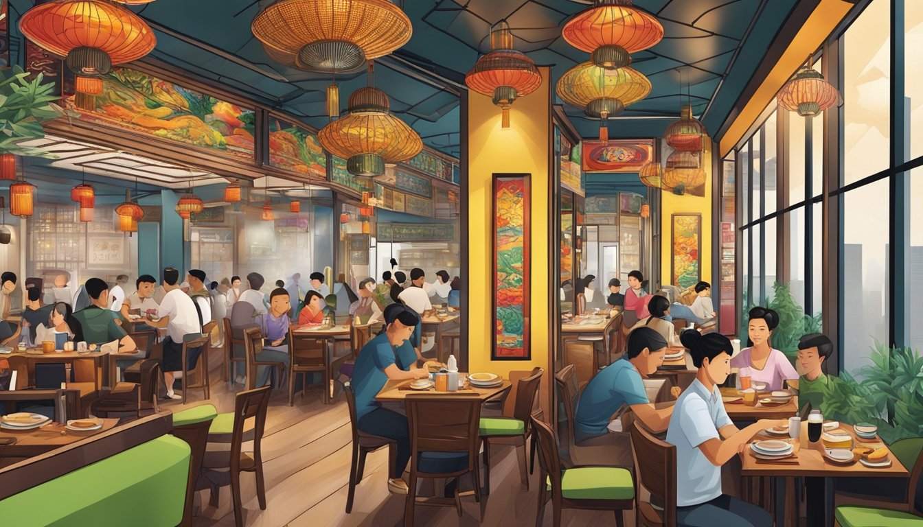A bustling Chinese fusion restaurant in Singapore with colorful decor and a mix of traditional and modern design elements. The aroma of sizzling woks and exotic spices fills the air as patrons enjoy their meals