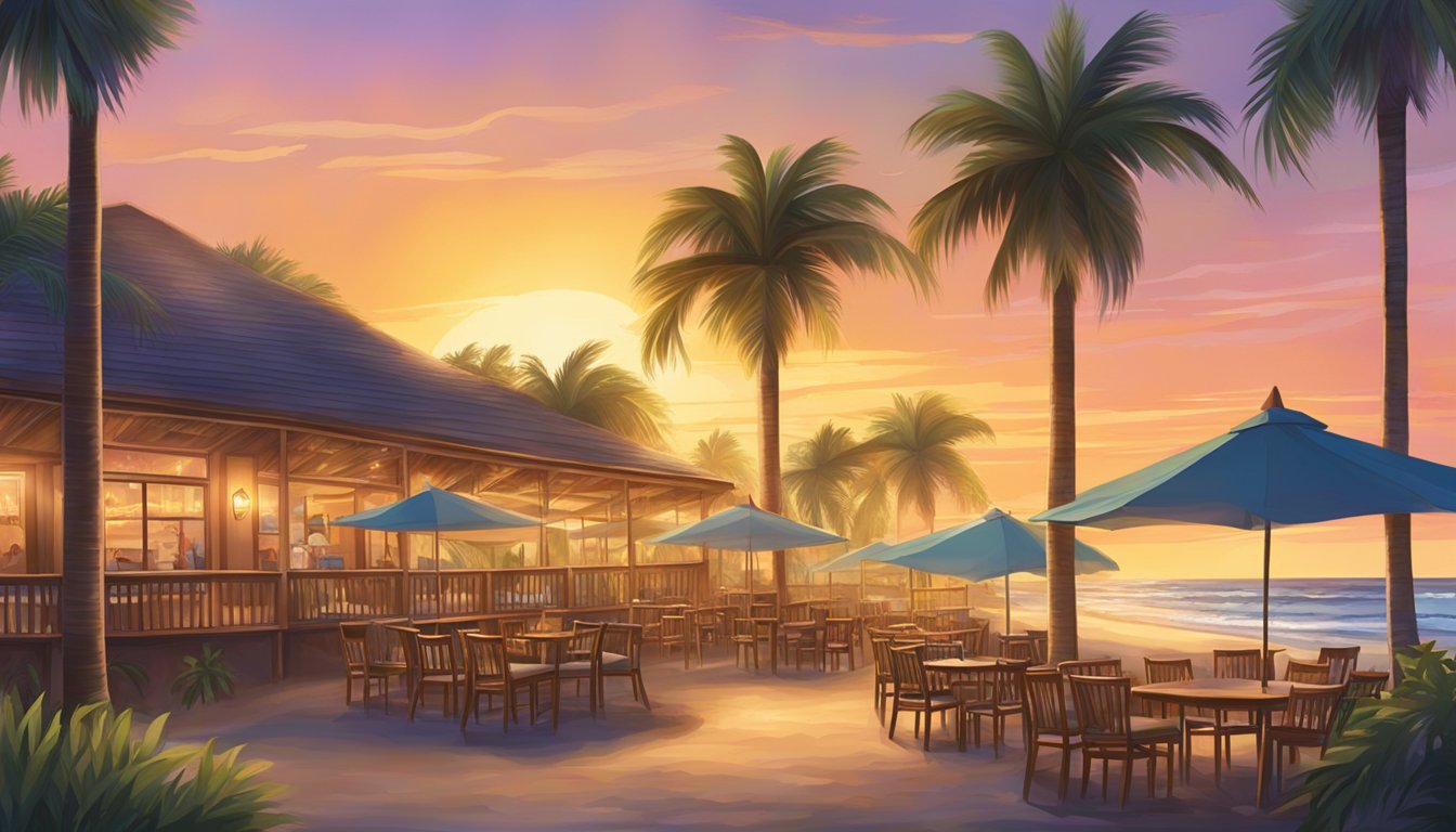 The sun sets over Kermit Surf Resort and Restaurant, casting a warm glow on the palm trees and surfboards lining the beach